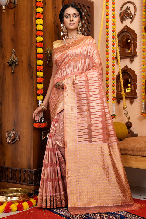 Felicitous Pink Organza Silk Saree With Snappy Blouse Piece Bvipul Main image