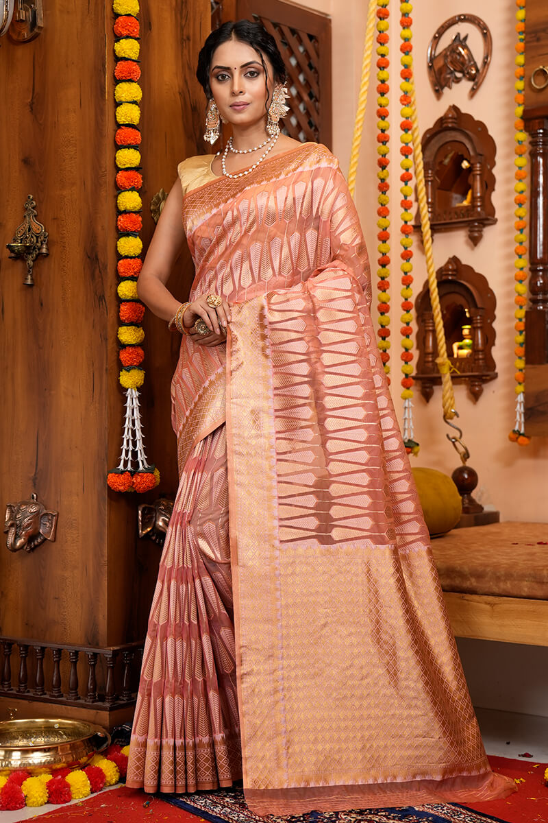 Felicitous Pink Organza Silk Saree With Snappy Blouse Piece Bvipul
