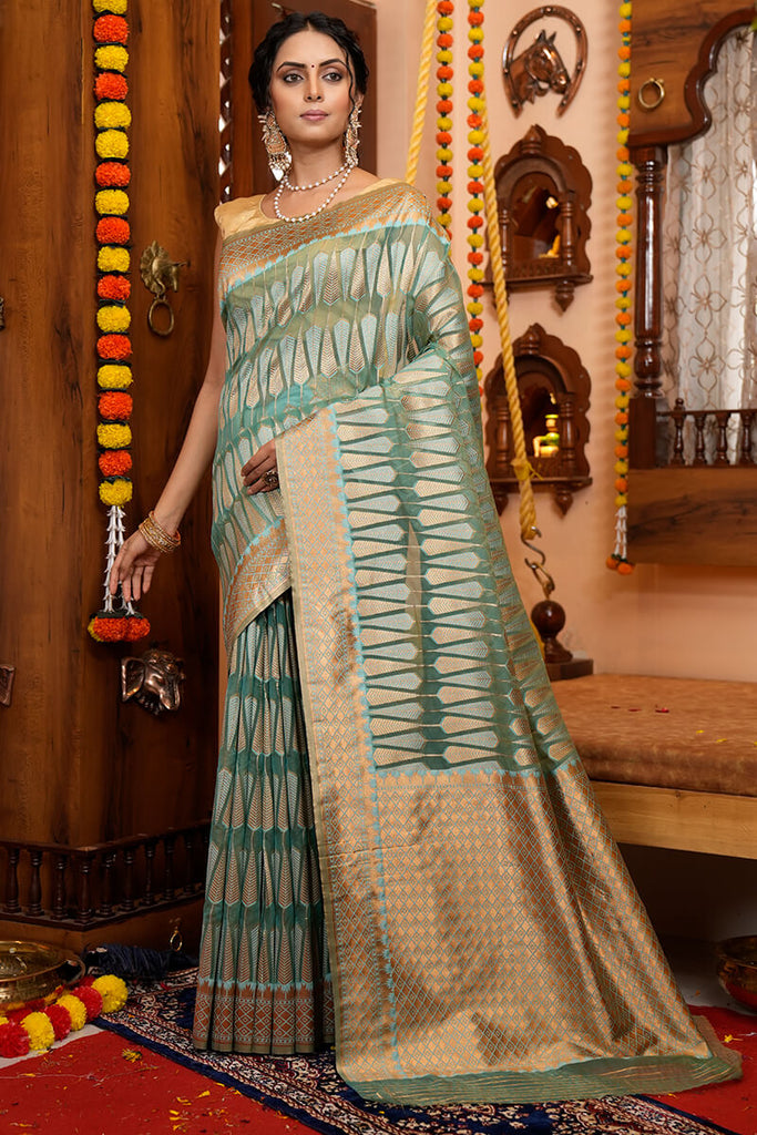 Scrumptious Rama Organza Silk Saree With Fragrant Blouse Piece Bvipul