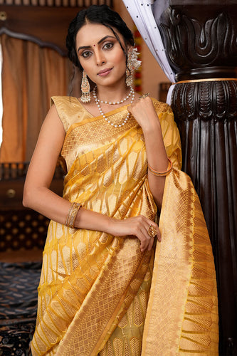 Luxuriant Yellow Organza Silk Saree With Tempting Blouse Piece Bvipul