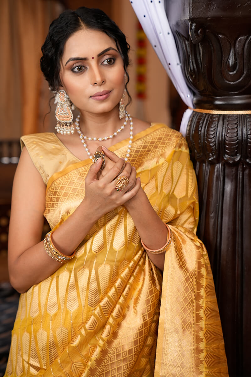Luxuriant Yellow Organza Silk Saree With Tempting Blouse Piece Bvipul