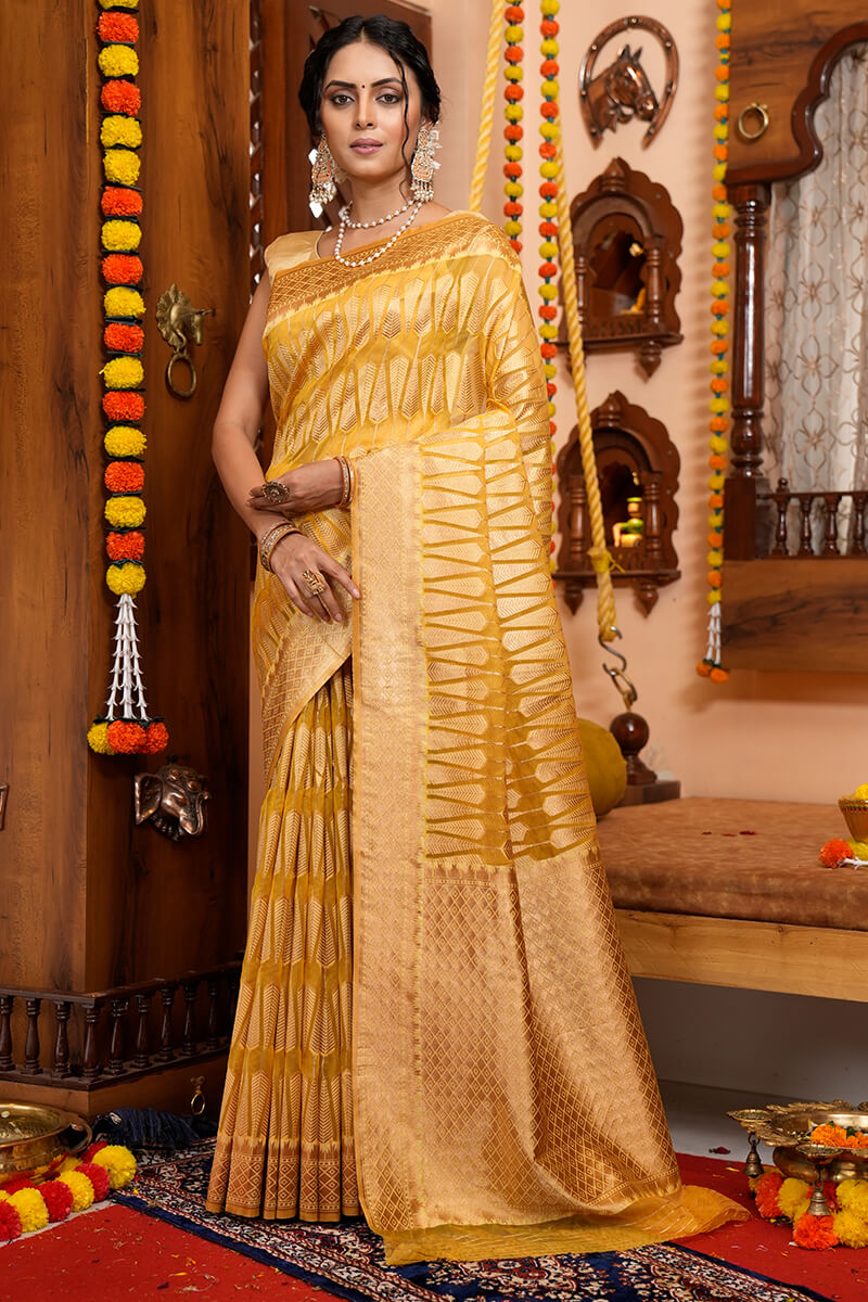 Luxuriant Yellow Organza Silk Saree With Tempting Blouse Piece Bvipul