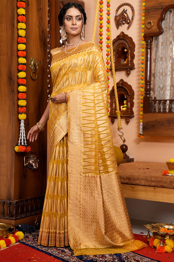 Luxuriant Yellow Organza Silk Saree With Tempting Blouse Piece Bvipul