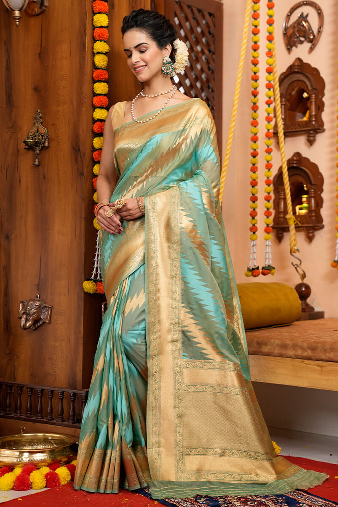 Splendorous Firozi Organza Silk Saree With Magnificat Blouse Piece Bvipul