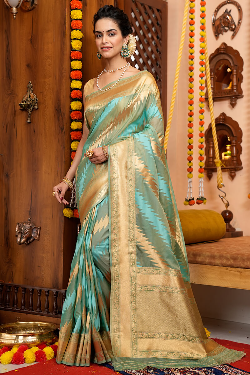 Splendorous Firozi Organza Silk Saree With Magnificat Blouse Piece Bvipul Main image