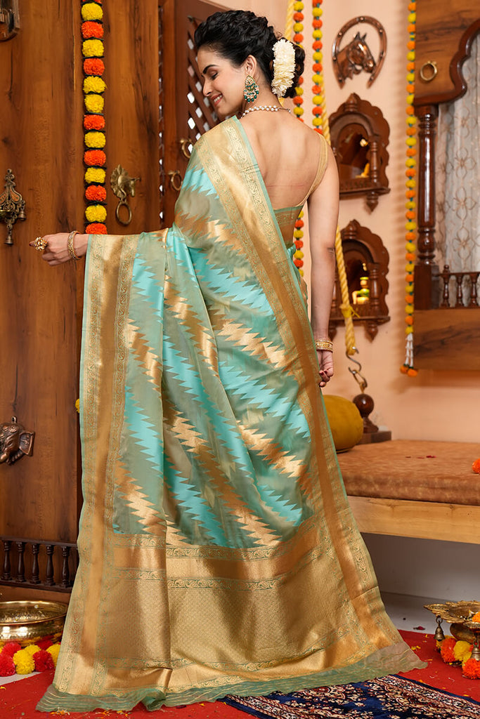 Splendorous Firozi Organza Silk Saree With Magnificat Blouse Piece Bvipul