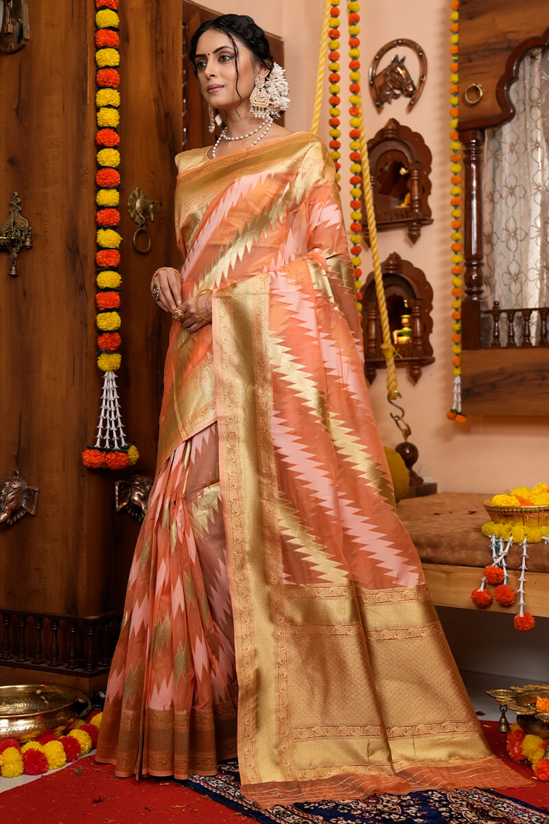 Prodigal Peach Organza Silk Saree With Denouement Blouse Piece Bvipul