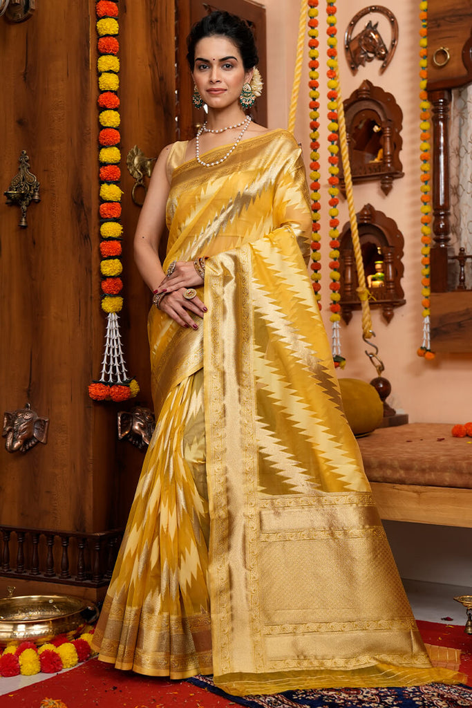 Shaded Organza Saree with Bandhani Blouse - Yellow White – Naina Jain