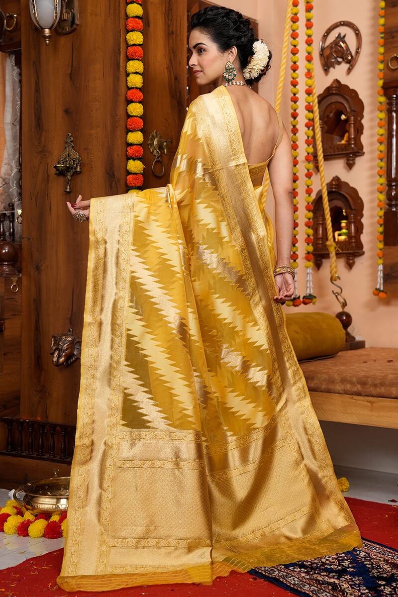 Tremendous Yellow Organza Silk Saree With Redolent Blouse Piece Bvipul