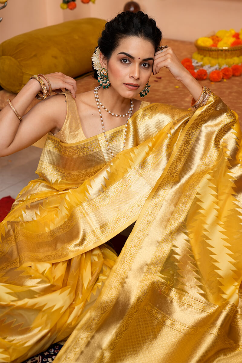 Tremendous Yellow Organza Silk Saree With Redolent Blouse Piece Bvipul