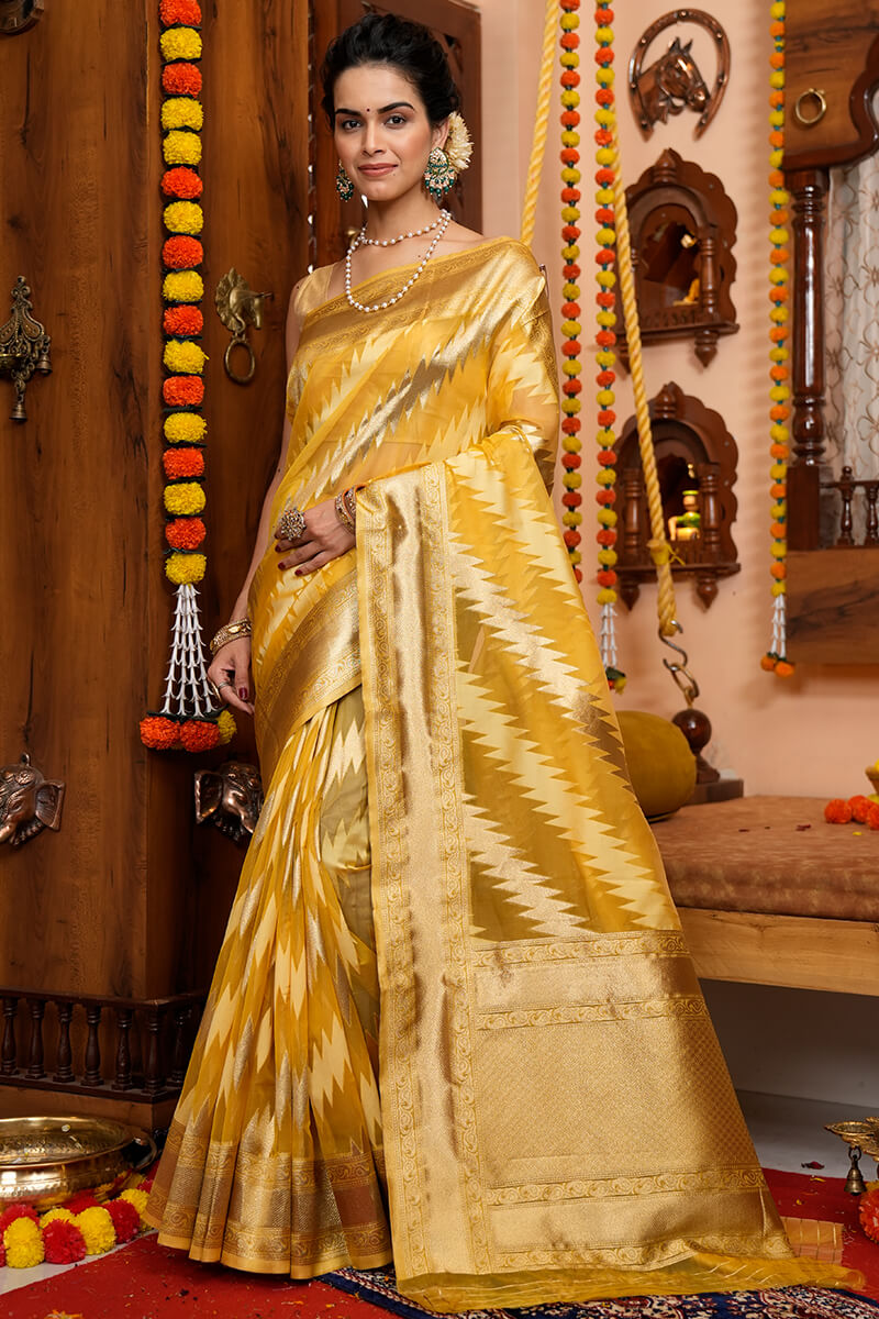 Tremendous Yellow Organza Silk Saree With Redolent Blouse Piece Bvipul