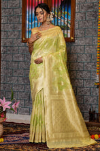 Load image into Gallery viewer, Trendy Mehndi Linen Cotton Silk Saree With Flattering Blouse Piece Bvipul