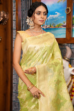 Load image into Gallery viewer, Trendy Mehndi Linen Cotton Silk Saree With Flattering Blouse Piece Bvipul
