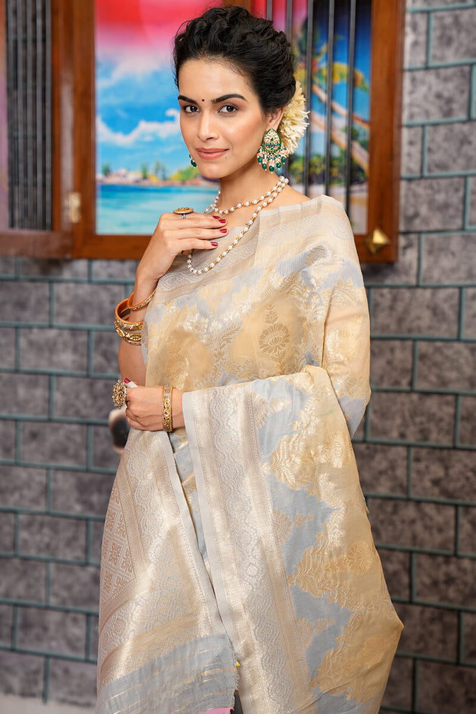 Extraordinary Silver Linen Cotton Silk Saree With Lovely Blouse Piece Bvipul