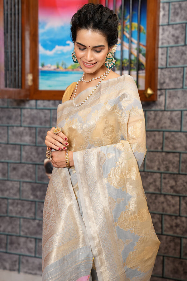 Extraordinary Silver Linen Cotton Silk Saree With Lovely Blouse Piece Bvipul
