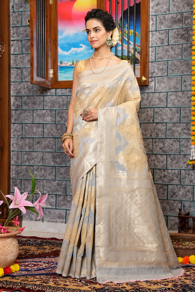Extraordinary Silver Linen Cotton Silk Saree With Lovely Blouse Piece Bvipul
