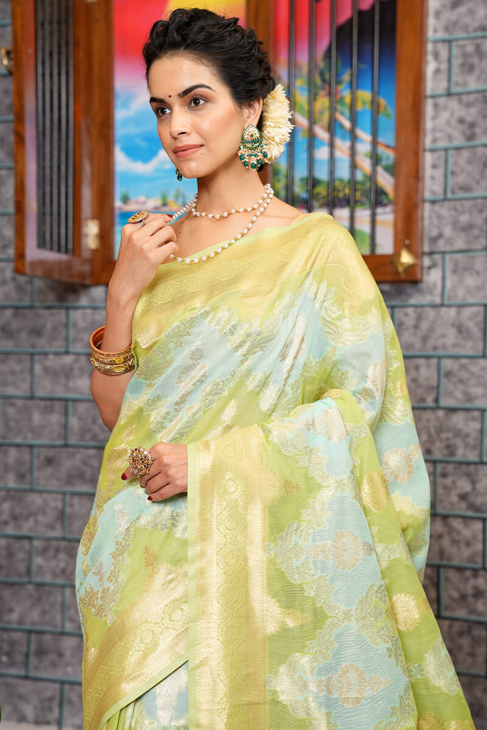 Sophisticated Sky Linen Cotton Silk Saree With Energetic Blouse Piece Bvipul