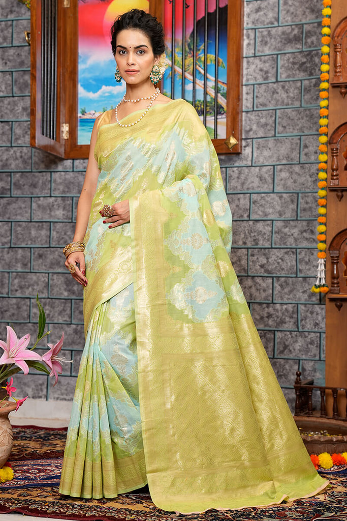 Sophisticated Sky Linen Cotton Silk Saree With Energetic Blouse Piece Bvipul