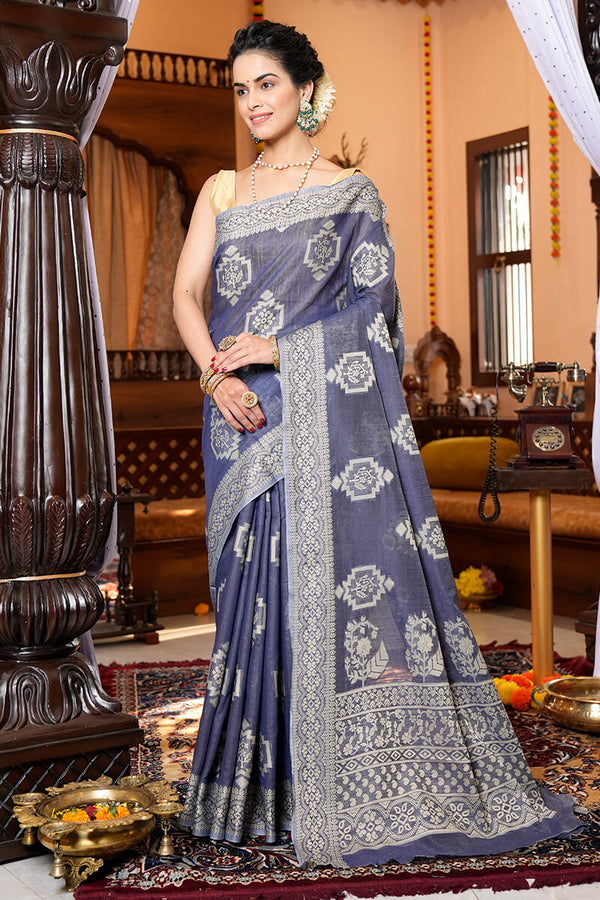 Wonderful Grey Linen Silk Saree With Gorgeous Blouse Piece Bvipul