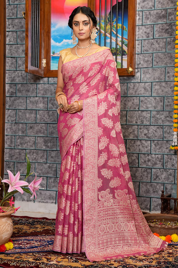 Skinny Dark Pink Linen Silk Saree With Capricious Blouse Piece Bvipul