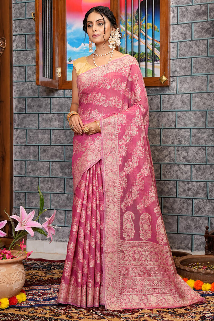Dazzling Dark Pink Linen Silk Saree With Phenomenal Blouse Piece Bvipul