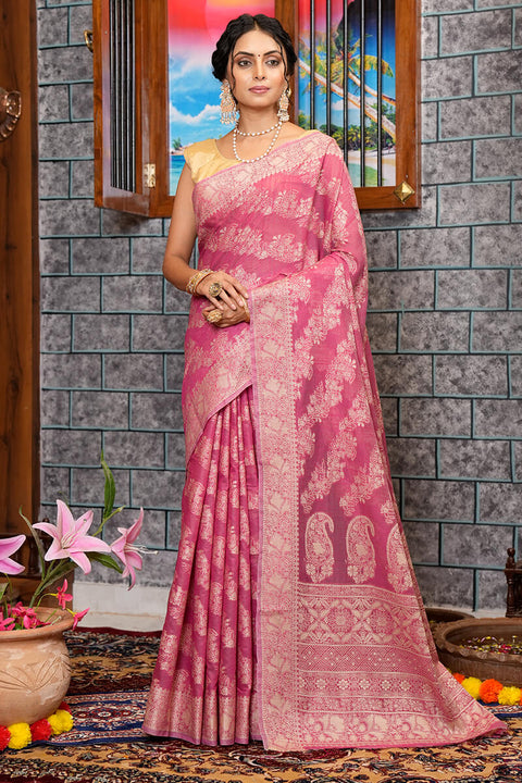 Dazzling Dark Pink Linen Silk Saree With Phenomenal Blouse Piece Bvipul Main image