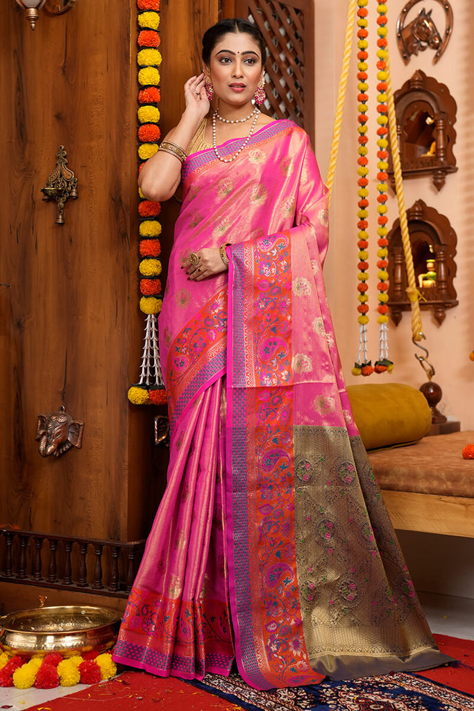 Beige and Pink Wedding Banarasi Silk Saree