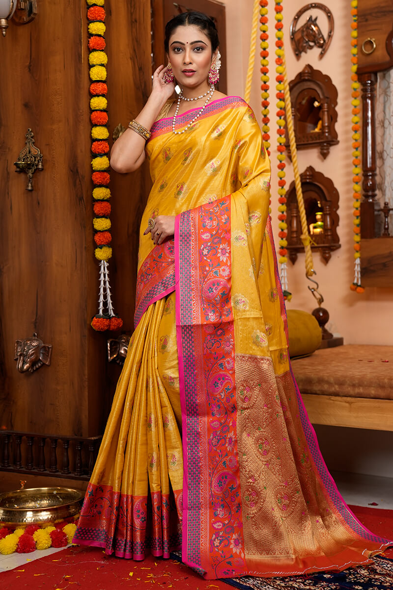 Charming Yellow Soft Banarasi Silk Saree With Deserving Blouse Piece Bvipul Main image