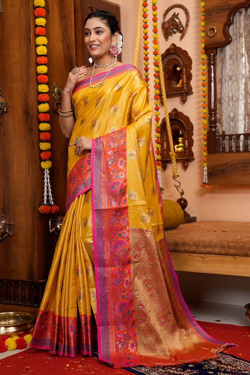 Charming Yellow Soft Banarasi Silk Saree With Deserving Blouse Piece Bvipul