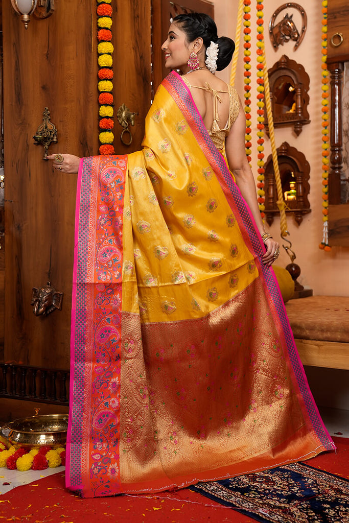 Charming Yellow Soft Banarasi Silk Saree With Deserving Blouse Piece Bvipul