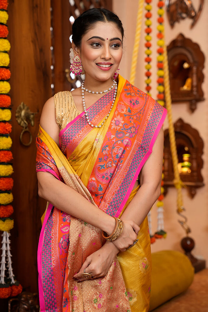 Charming Yellow Soft Banarasi Silk Saree With Deserving Blouse Piece Bvipul