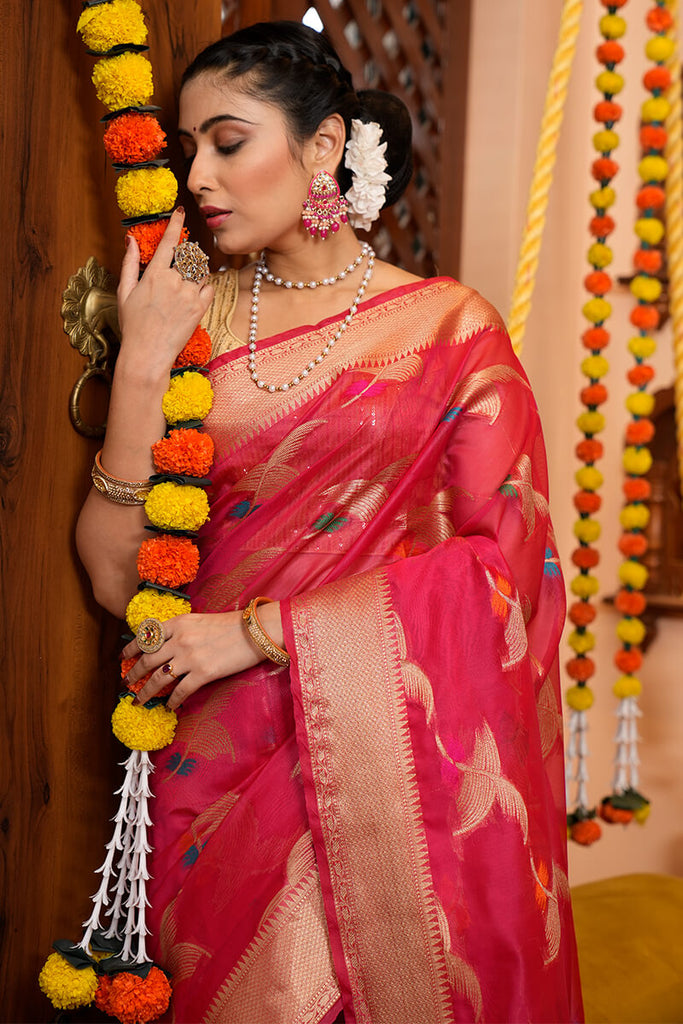 Eye-catching Dark Pink Organza Silk Saree With Beautiful Blouse Piece Bvipul