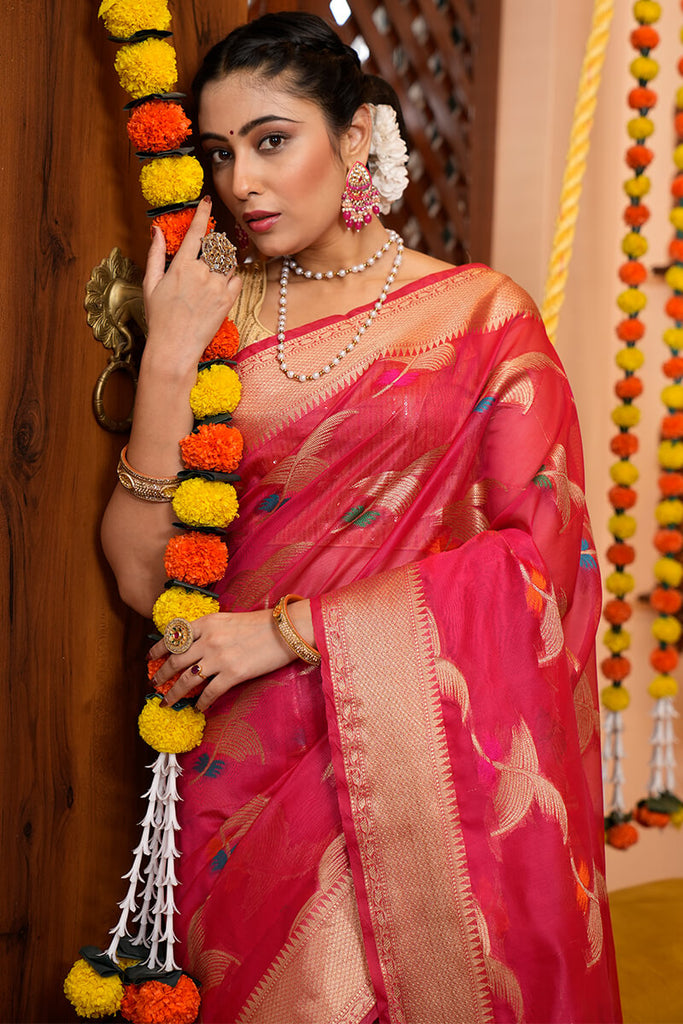 Eye-catching Dark Pink Organza Silk Saree With Beautiful Blouse Piece Bvipul