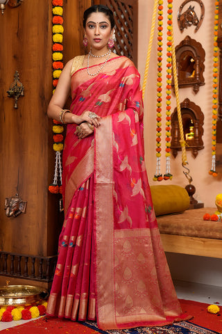 Eye-catching Dark Pink Organza Silk Saree With Beautiful Blouse Piece Bvipul