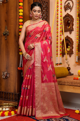 Eye-catching Dark Pink Organza Silk Saree With Beautiful Blouse Piece Bvipul