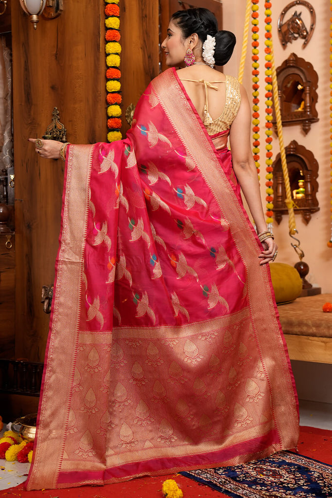 Eye-catching Dark Pink Organza Silk Saree With Beautiful Blouse Piece Bvipul