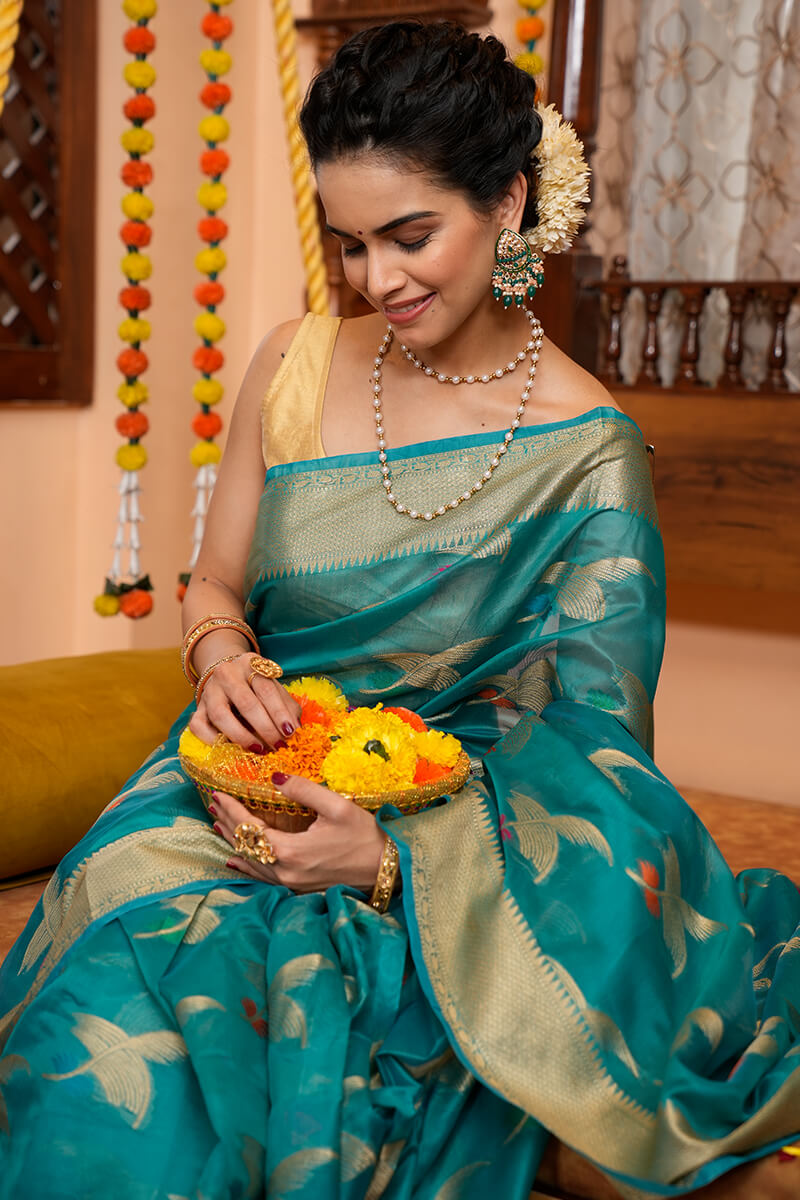 Girlish Firozi Organza Silk Saree With Demanding Blouse Piece Bvipul