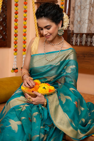 Girlish Firozi Organza Silk Saree With Demanding Blouse Piece Bvipul