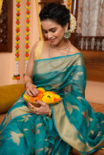 Load image into Gallery viewer, Girlish Firozi Organza Silk Saree With Demanding Blouse Piece Bvipul