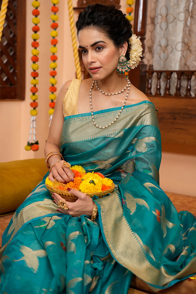 Girlish Firozi Organza Silk Saree With Demanding Blouse Piece Bvipul