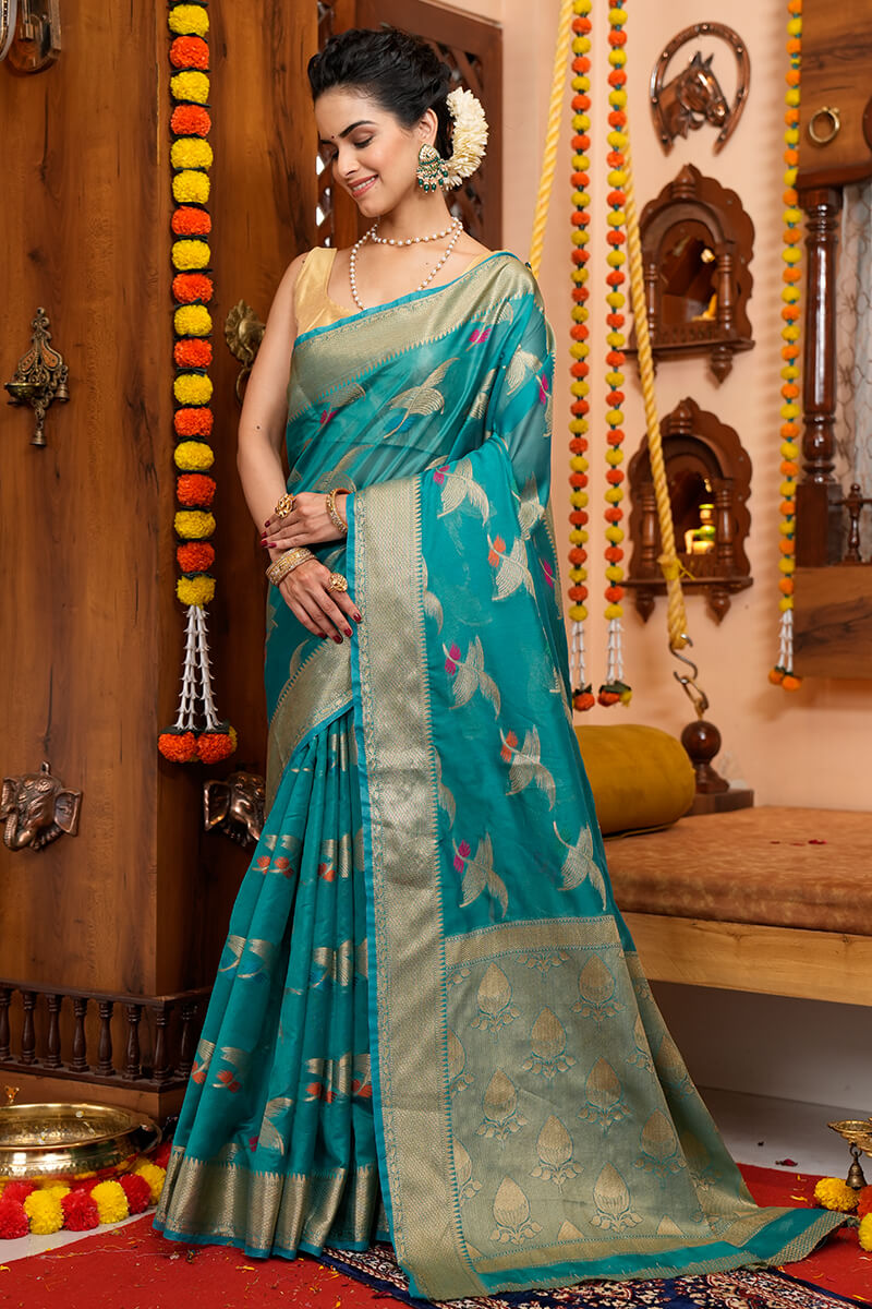 Girlish Firozi Organza Silk Saree With Demanding Blouse Piece Bvipul