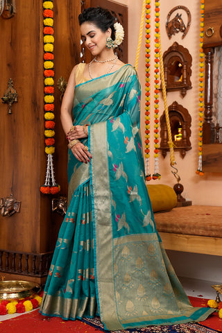 Girlish Firozi Organza Silk Saree With Demanding Blouse Piece Bvipul