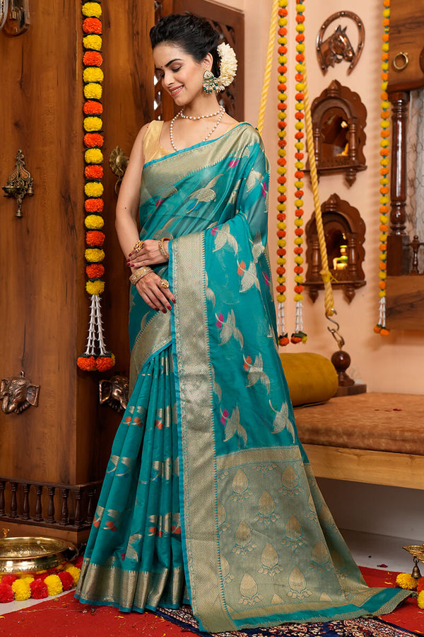 Girlish Firozi Organza Silk Saree With Demanding Blouse Piece Bvipul