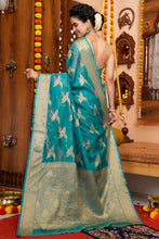 Load image into Gallery viewer, Girlish Firozi Organza Silk Saree With Demanding Blouse Piece Bvipul