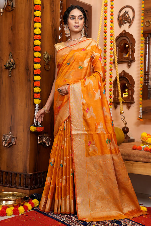 Impressive Orange Organza Silk Saree With Lassitude Blouse Piece Bvipul Main image