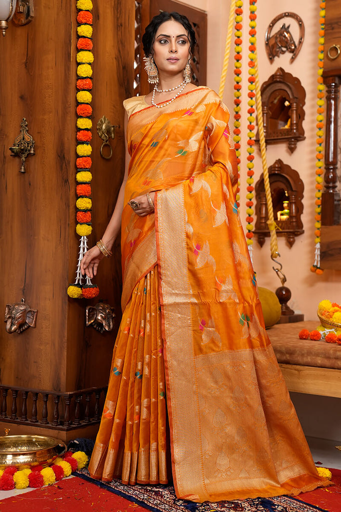 Impressive Orange Organza Silk Saree With Lassitude Blouse Piece Bvipul