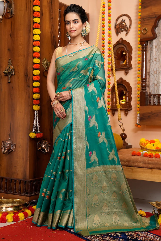 Appealing Rama Organza Silk Saree With Evanescent Blouse Piece Bvipul