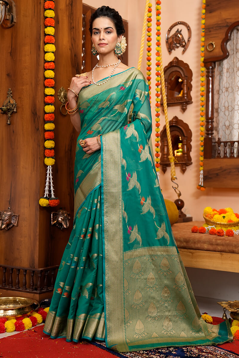 Appealing Rama Organza Silk Saree With Evanescent Blouse Piece Bvipul