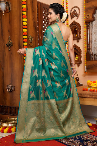 Appealing Rama Organza Silk Saree With Evanescent Blouse Piece Bvipul