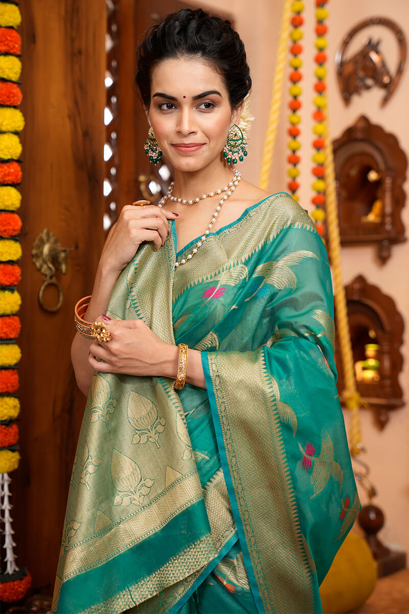 Appealing Rama Organza Silk Saree With Evanescent Blouse Piece Secondary image